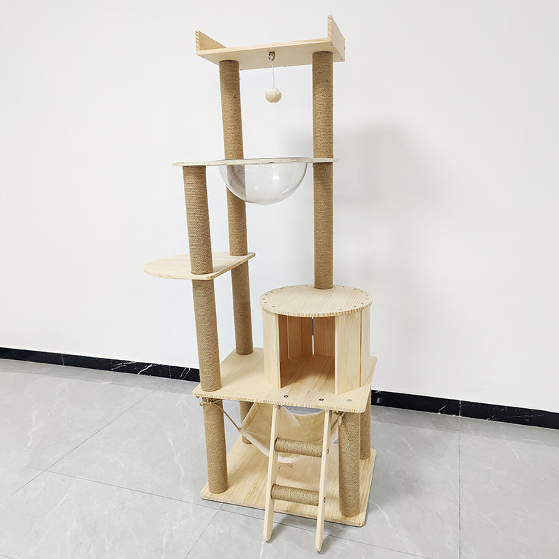 Multi-purpose space capsule solid wood cat tree