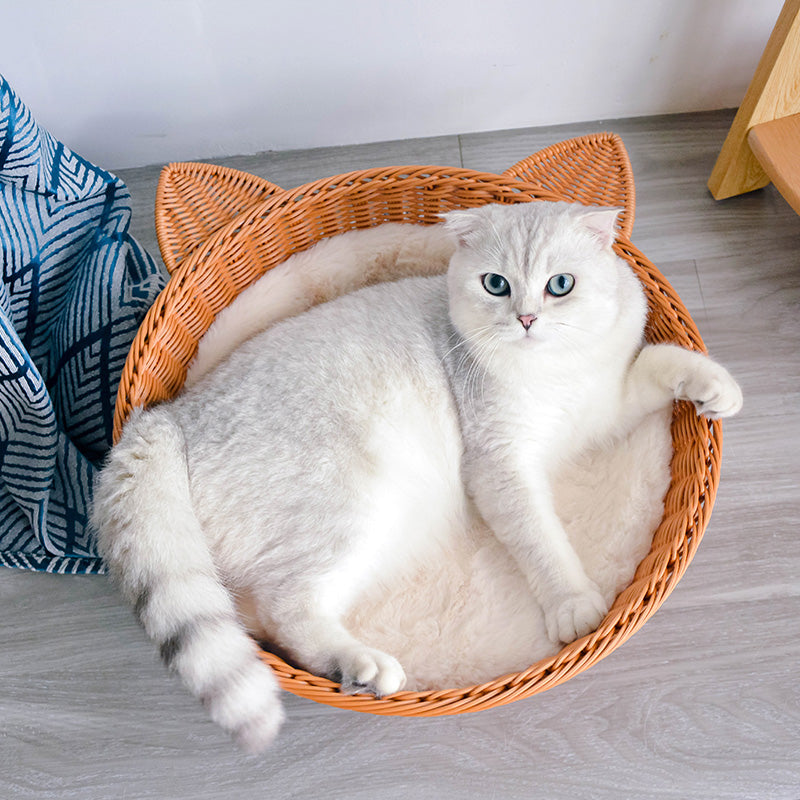 Carton cat head shape rattan-weaved cat bed with soft mat