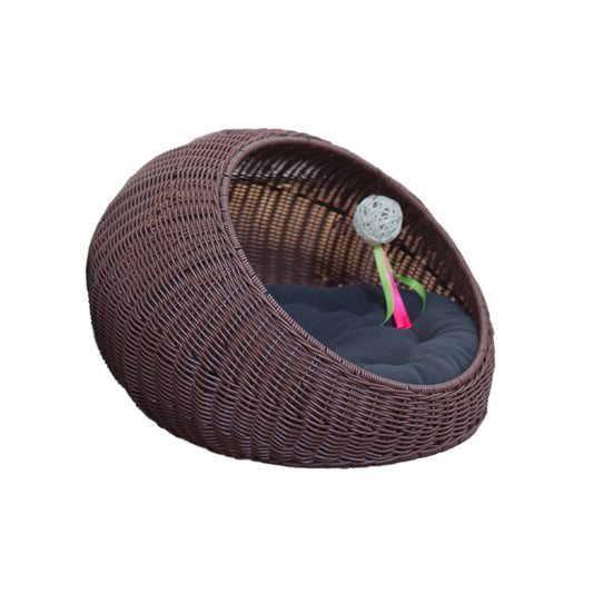 Semi-closed rattan-weaved cat bed with soft mat