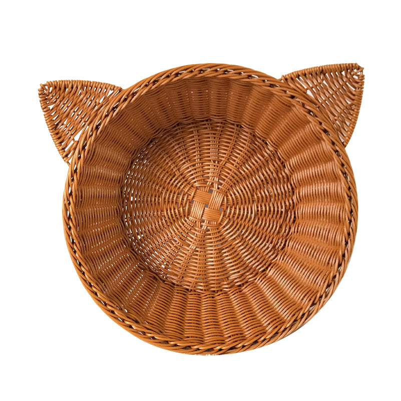 Carton cat head shape rattan-weaved cat bed with soft mat