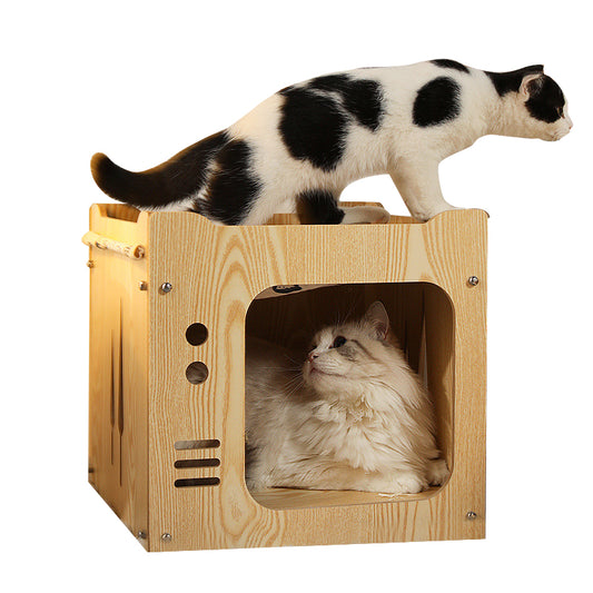 TV shaped solid wood cat house