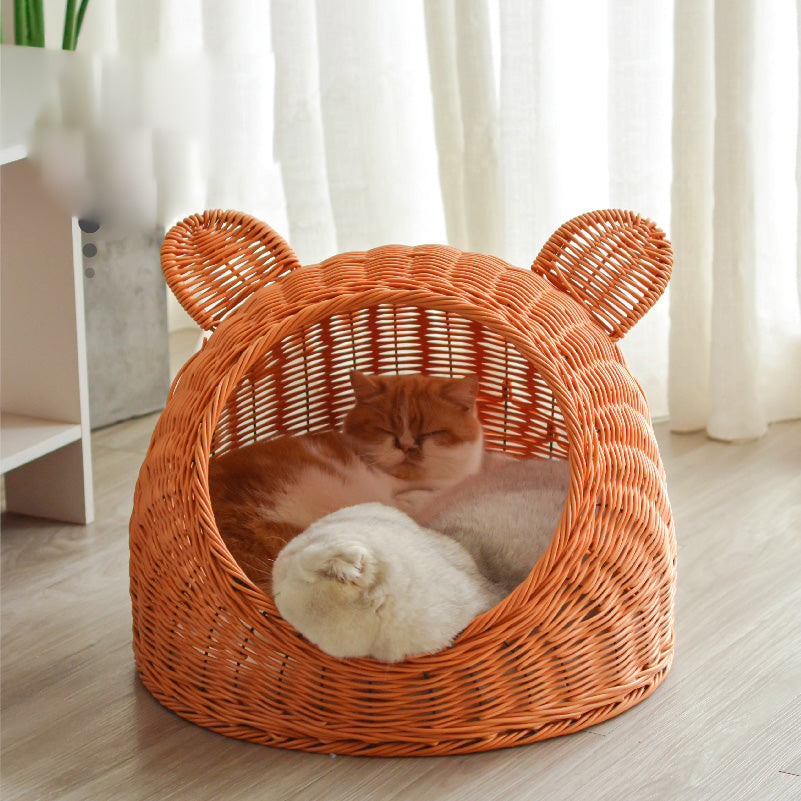 Carton bear head shape rattan-weaved cat bed with soft mat