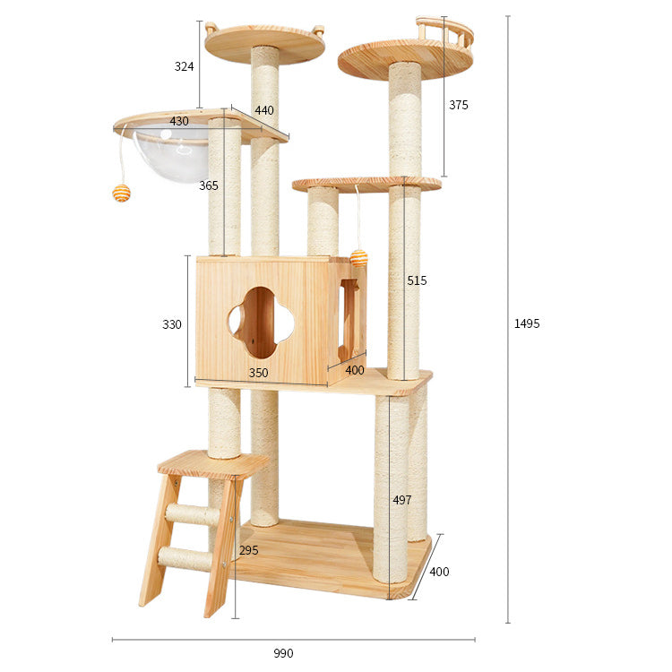 Multi-function wood cat tree with stair