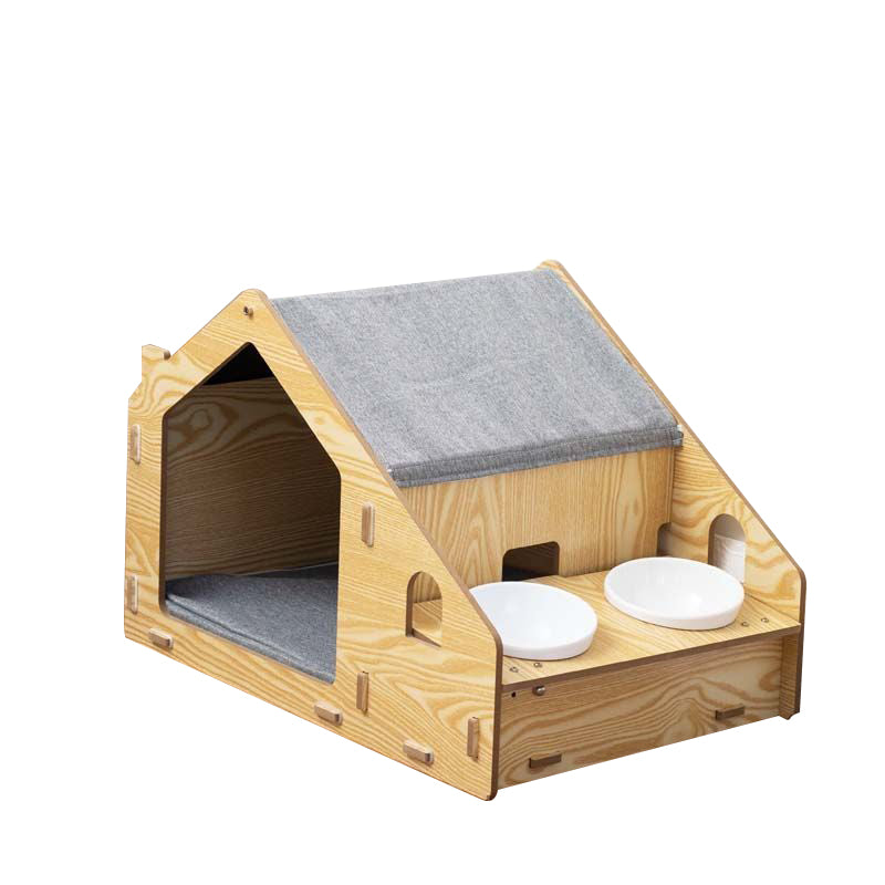 Solid wood cat house with feeding bowl