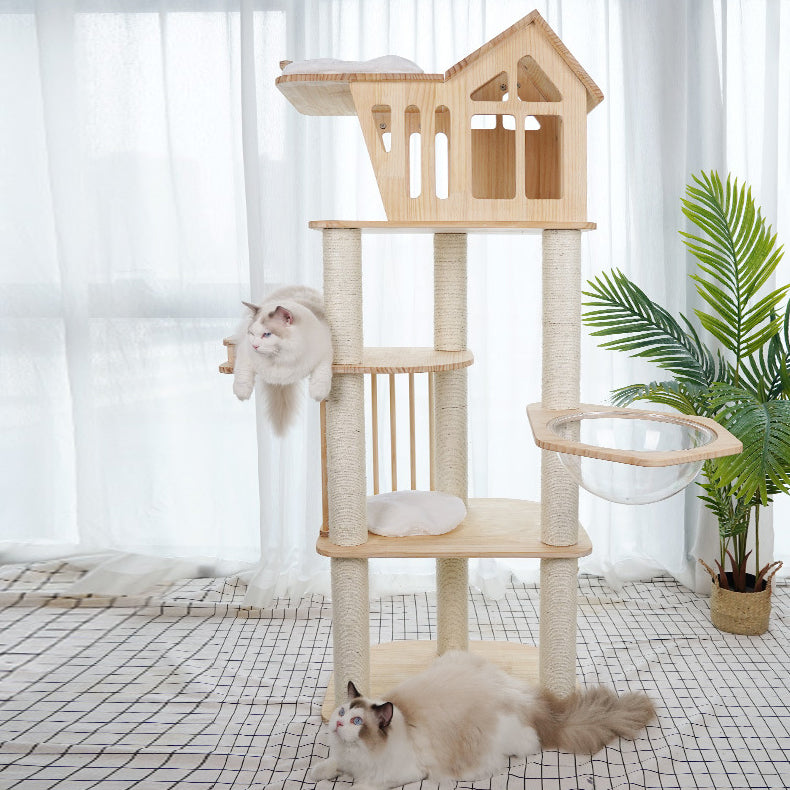 Wooden cat tree with large house and sleeping mat