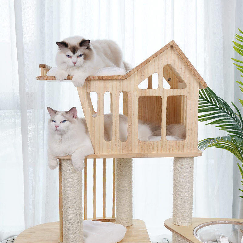 Wooden cat tree with large house and sleeping mat