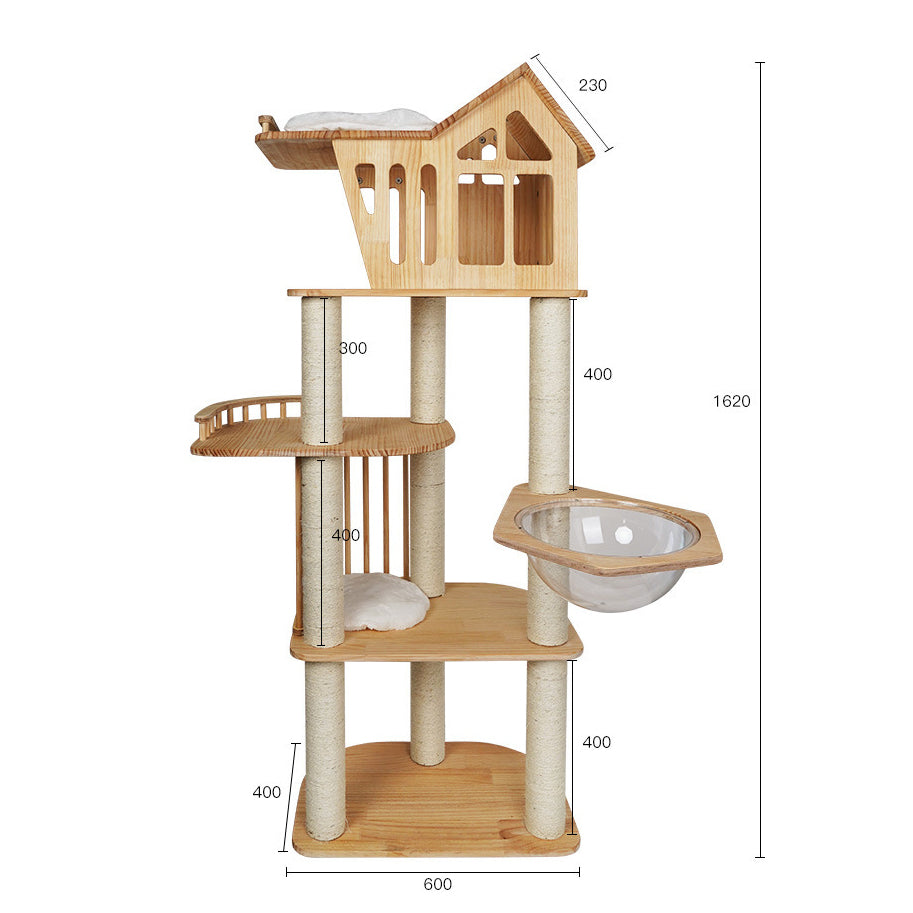 Wooden cat tree with large house and sleeping mat