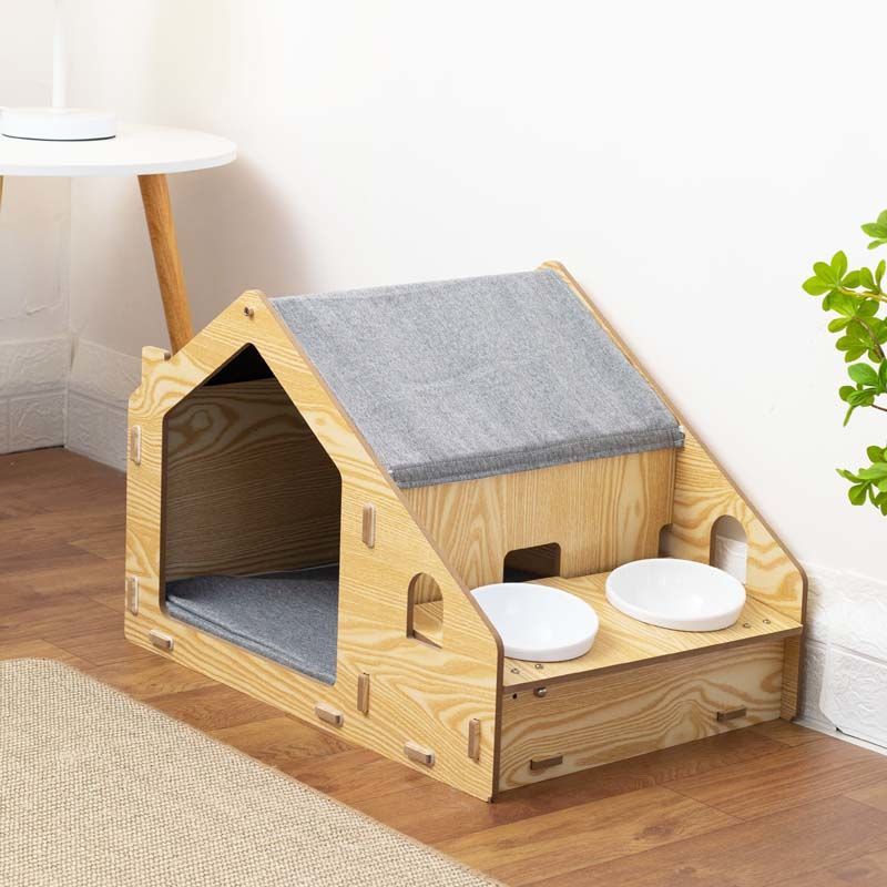 Solid wood cat house with feeding bowl