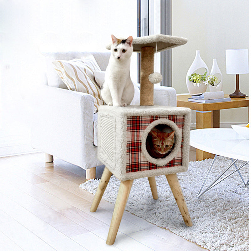 Red and white checked wood cat tree