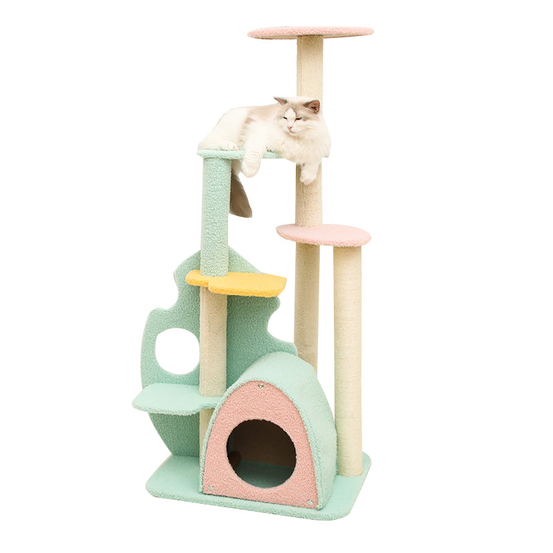 Colorful rainforest cat tree with flower tower