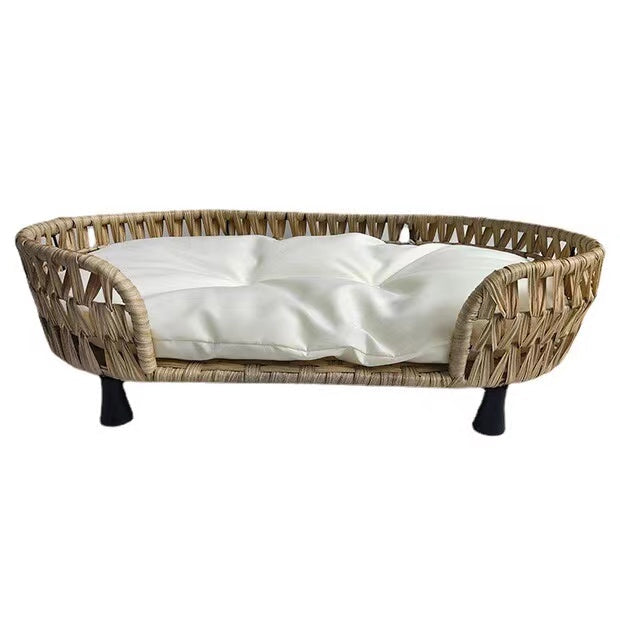 rattan-weaved oval pet bed with pp cotton mat