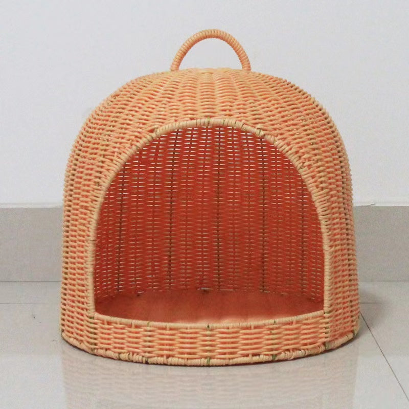 Birdcage shape rattan-weaved cat house with soft mat