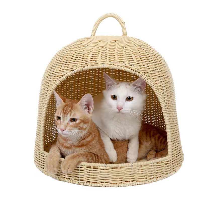 Birdcage shape rattan-weaved cat house with soft mat