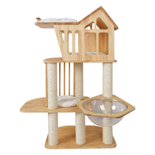 Wooden cat tree with large house and sleeping mat