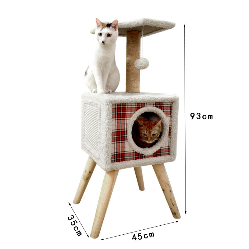 Red and white checked wood cat tree