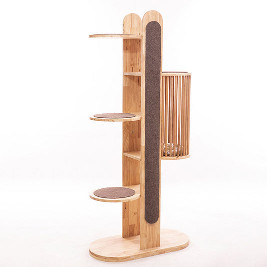 Large wooden four-layer platform cat tree with cat house