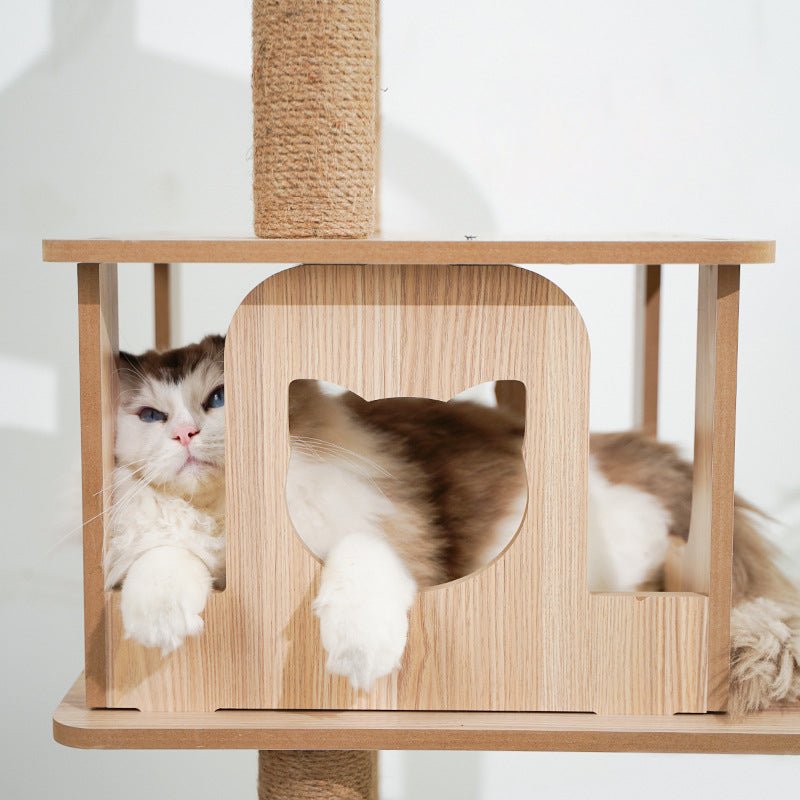 Multi-level wooden cat tree with capsule house