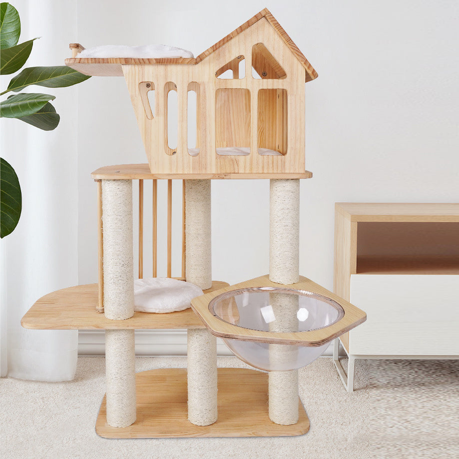 Wooden cat tree with large house and sleeping mat