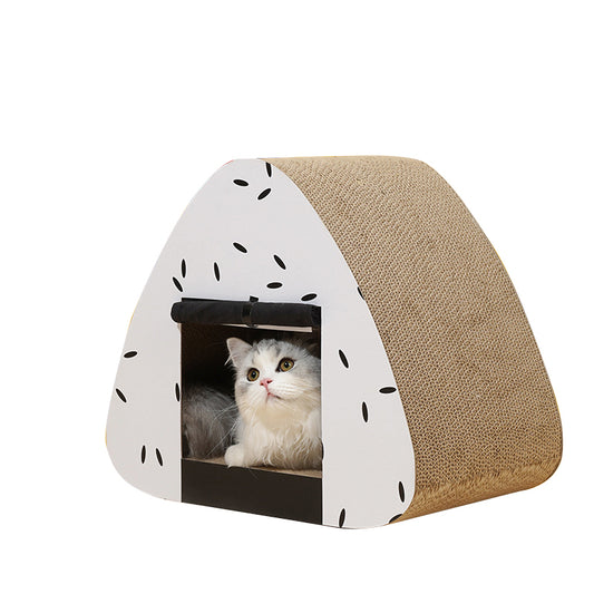 Onigiri shaped cat condo with scratching board