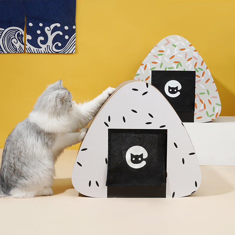 Onigiri shaped cat condo with scratching board