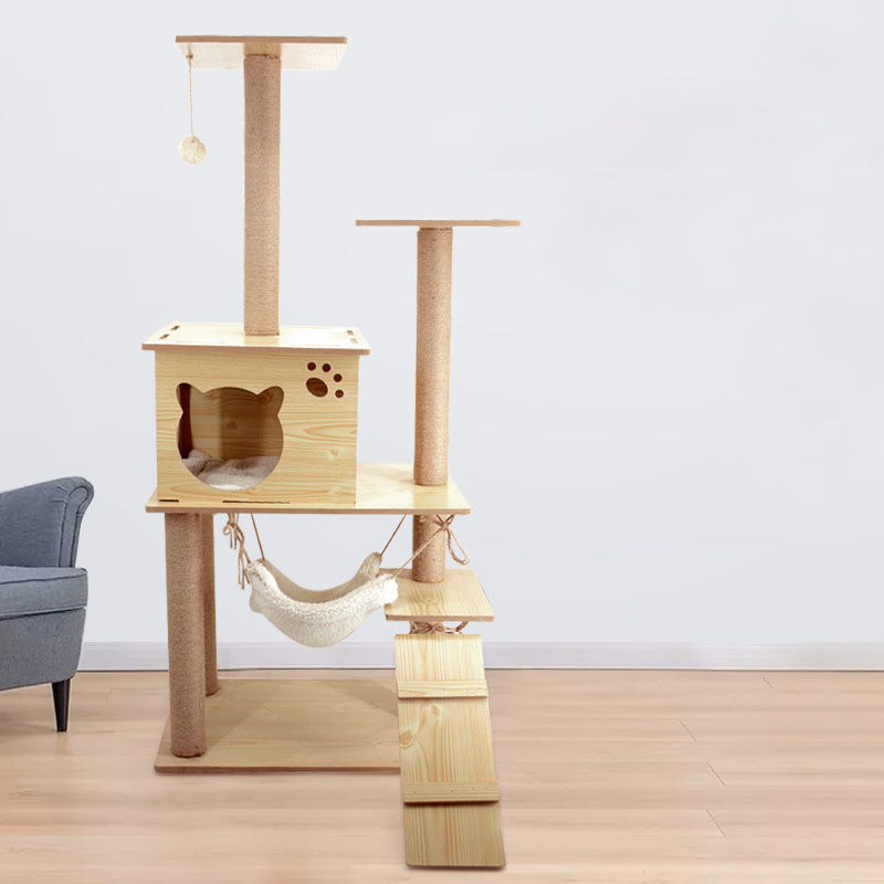 Multiple-level wooden cat tree with cat house and hammock