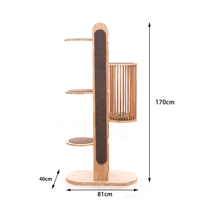 Large wooden four-layer platform cat tree with cat house