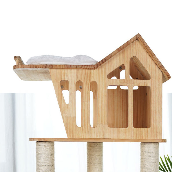 Wooden cat tree with large house and sleeping mat