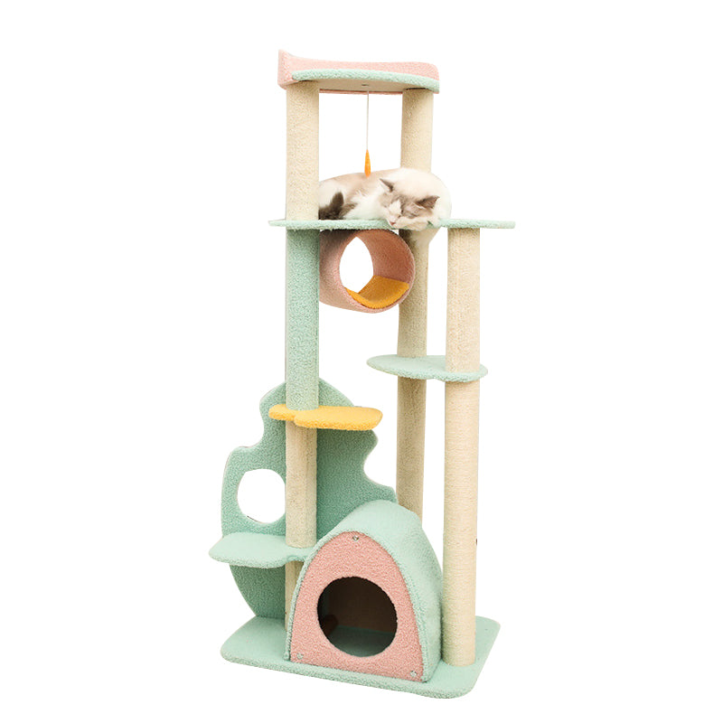 Colorful rainforest cat tree with flower tower