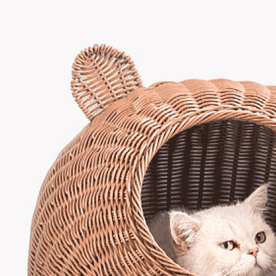 Carton bear head shape rattan-weaved cat bed with soft mat