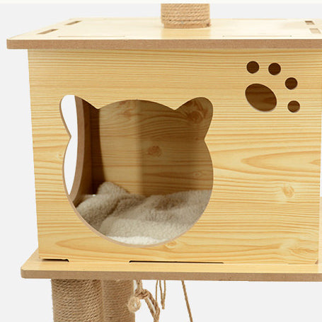 Multiple-level wooden cat tree with cat house and hammock