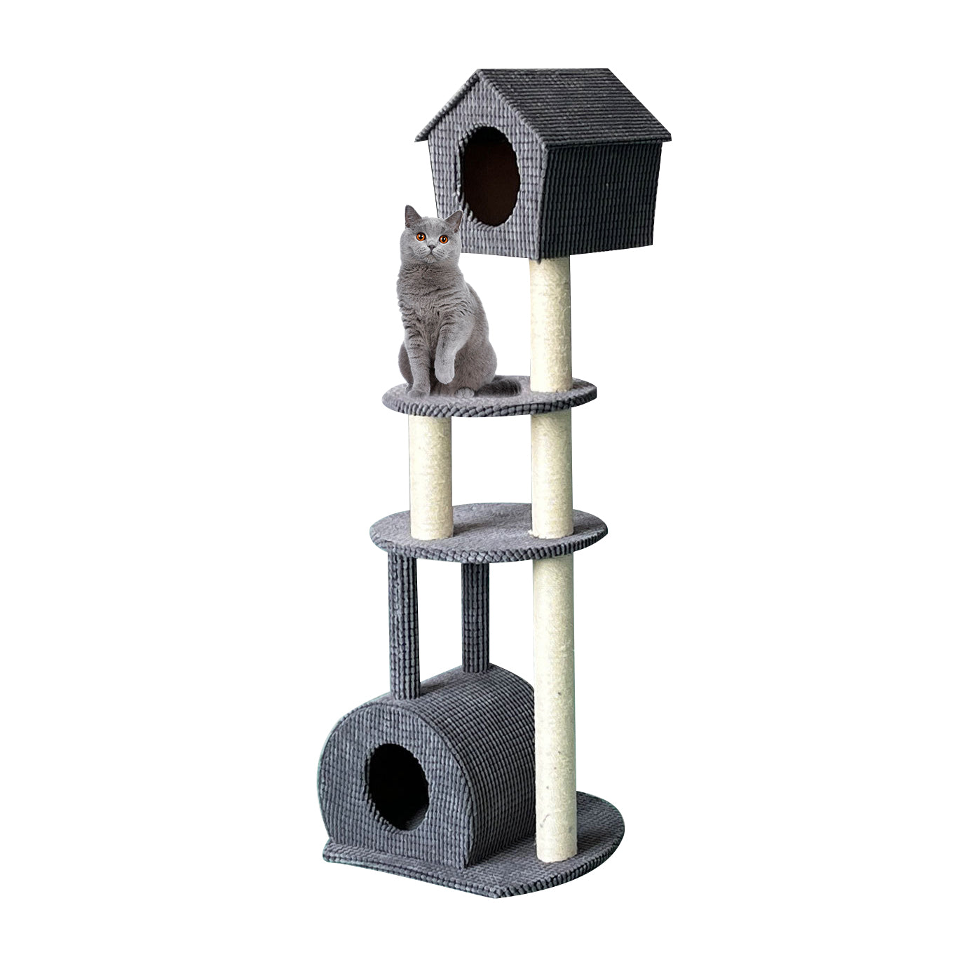 Dark gray large cat tree with top house