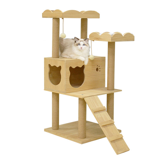 43 inches solid wood cat tree with cat head condo