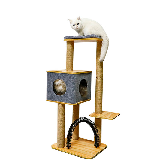 Solid Wood Cat Condo with Soft Perch, Grooming Brush and Cozy Hideaway