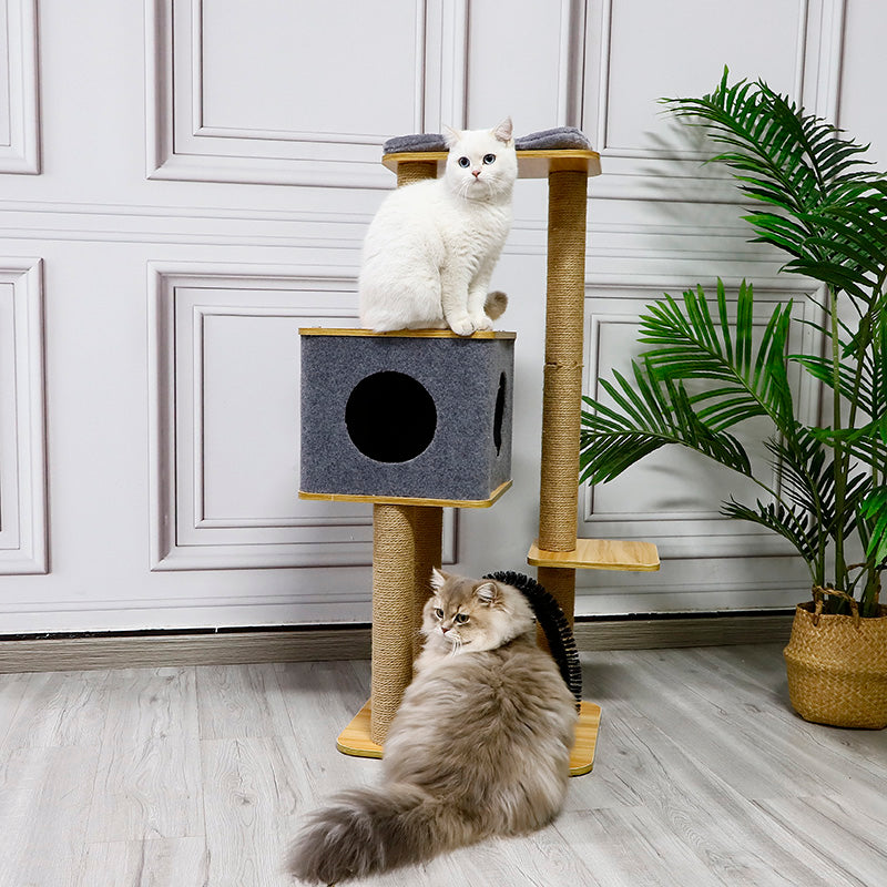 Solid Wood Cat Condo with Soft Perch, Grooming Brush and Cozy Hideaway