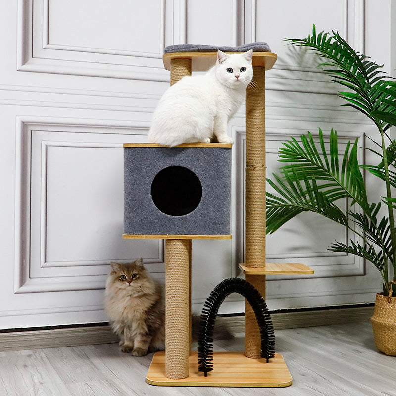 Solid Wood Cat Condo with Soft Perch, Grooming Brush and Cozy Hideaway