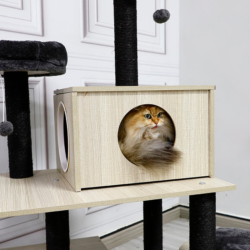 Luxury Wood Cat Condo with Plush Perch, Sisal Post, and Stable Base