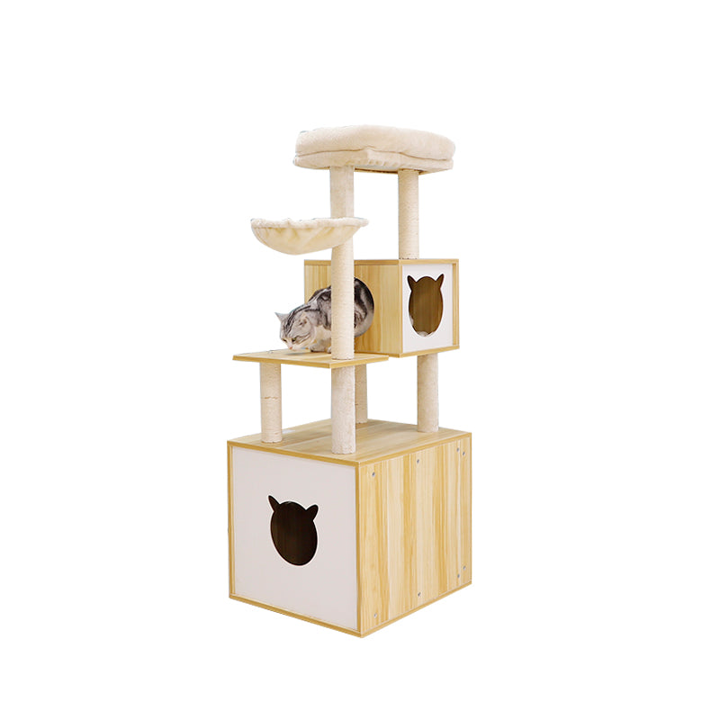 54 inch solid wood cat tree with cat head condo