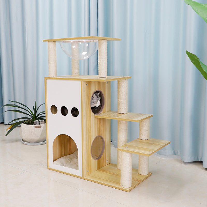 43-inch castle solid wood cat tree with space capsule