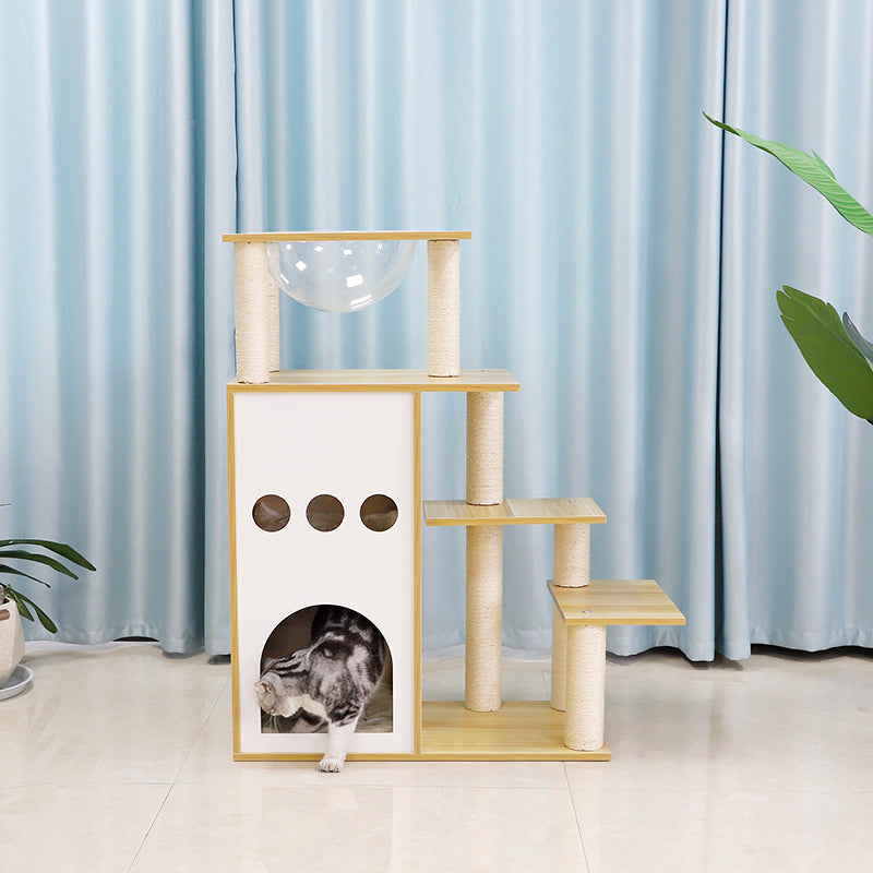 43-inch castle solid wood cat tree with space capsule