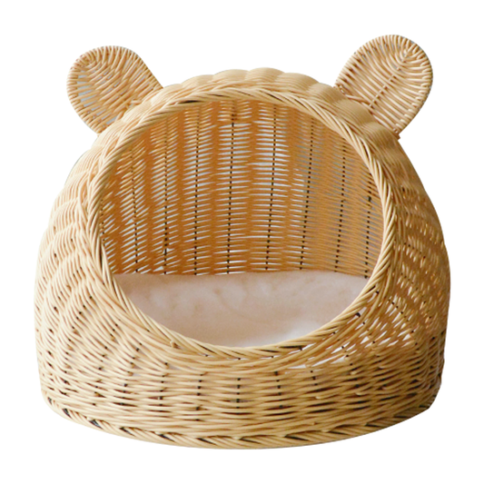 Carton bear head shape rattan-weaved cat bed with soft mat