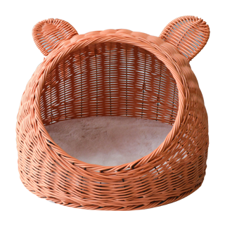 Carton bear head shape rattan-weaved cat bed with soft mat